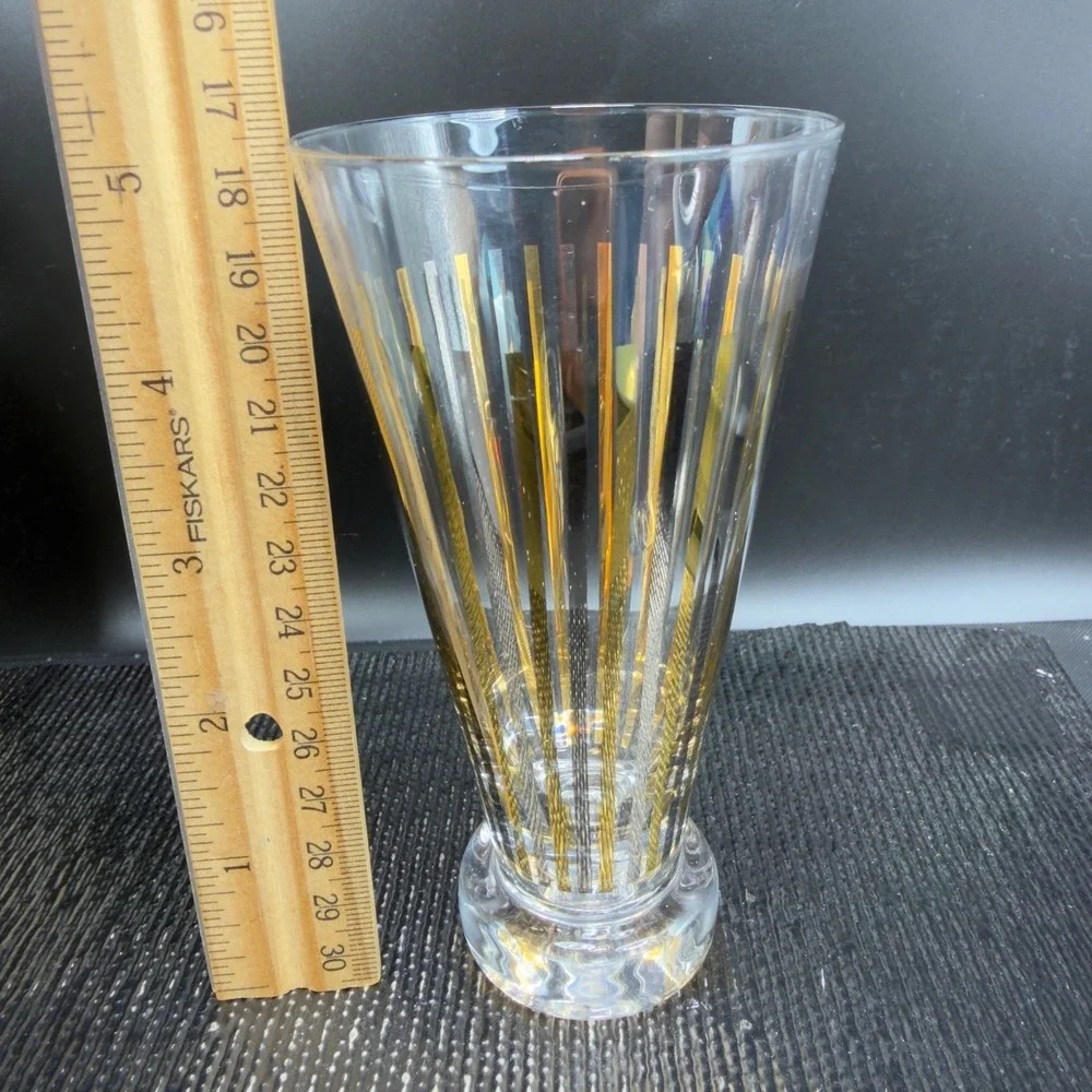 Vintage Mid Century Gold Silver Striped Footed Pilsner Cups Glasses Set of 2 VTG